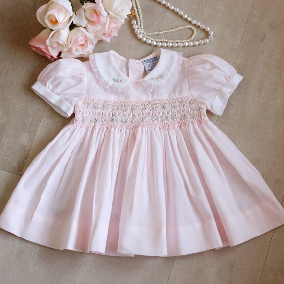 Pink Smocked Dress Feltman Brothers Friedknit 3 Months Organza Trim RARE NWT - Picture 1 of 5